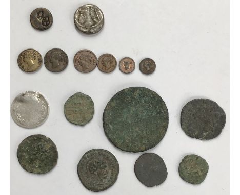 A collection of coins to include Ancient Greek silver coin, Victorian model money, to include two very small 16th of a farthi