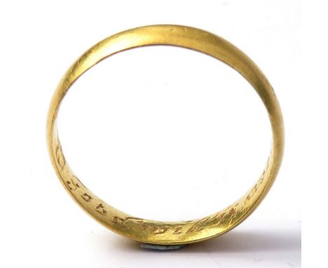 Gold Posy Ring. A D-shaped band inscribed on the inside with the verse, "Good will is above gold" and stamped with a makers m