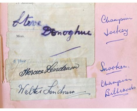 AUTOGRAPHS. An autograph album featuring Steve Donoghue [10-time Champion Jockey, 1914-23]; Horace Lindrum [Australian snooke
