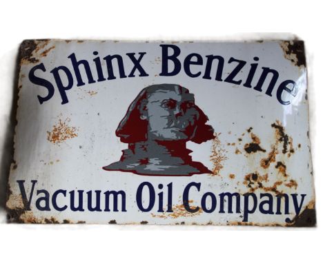 A Sphinx Benzine Vacuum Oil Company  Enamel sign Detailed with a pictorial Sphinx to the centre and blue " Sphinx Benzine Vac