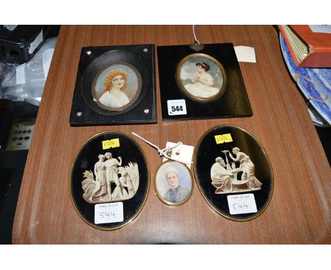 Miniature portraits, to include: a girl in a landscape with blue ribbon in her hair, signed Frapic; portrait of a lady; a wat