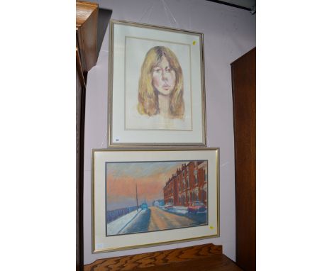 A watercolour, by **** Dunlop - portrait of a lady; together with a pastel drawing of a street scene at dusk, signed with ini