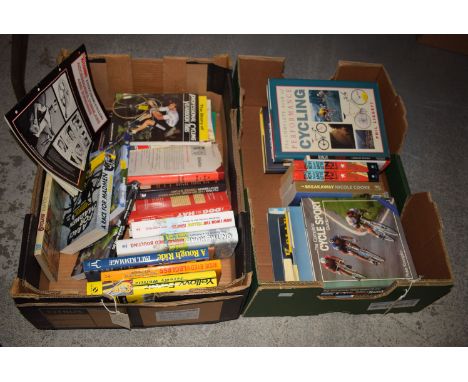 Two boxes of books on cycling, to include: The Complete Book Of Performance On The Road Bike; The Complete Cycle Sport Guide;