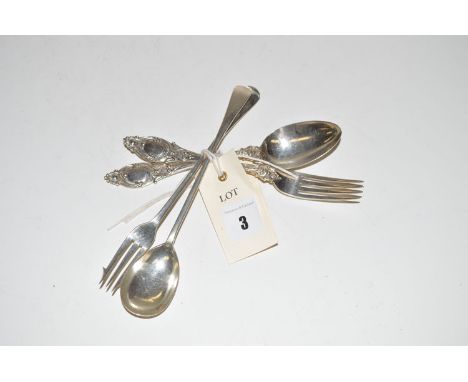 A silver pickle fork; and a punch spoon, in Old English pattern; and a Victorian silver christening spoon and fork, by Martin