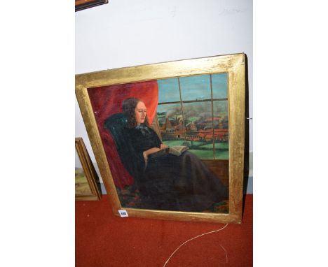 An oil painting by Emile A. Venturi - portrait of Mrs Joseph Cowen, seated by a window with the Tyneside Potteries in the dis