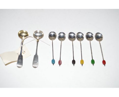 A set of six silver bean finial coffee spoons with decorative coloured beans; together with two Victorian silver salt spoons.