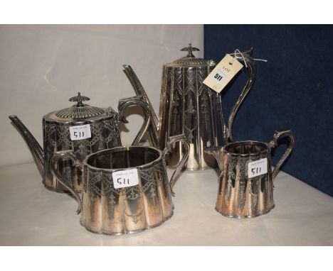 A Victorian EPNS tea service, comprising: coffee pot, teapot, sugar and cream jug, engraved decoration.