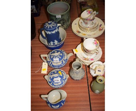 A Royal Crown Derby part tea set; together with a Wedgwood Jasper ware teapot, sugar bowl and cream jug; etc.