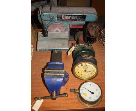 A Clarke woodworker 4" belt; 6" disc sander; an early 20th Century Alfa-Laval pump; a pressure gauge; and a repeating alarm c