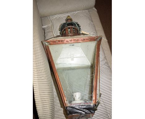 A 19th Century copper street lamp, of square tapering form with glass panels (some of the glass damaged).
