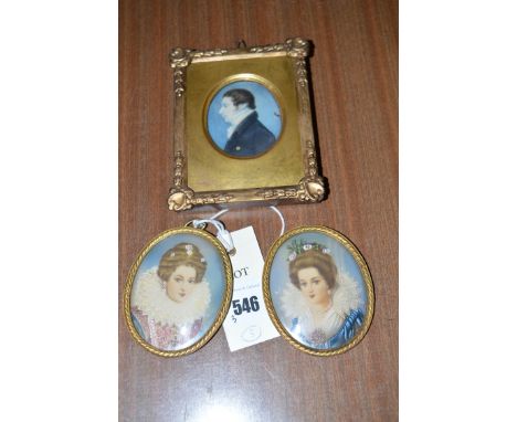 A 19th Century miniature portrait of a gentleman, bodycolour on ivory; together with a pair of miniature portraits depicting 