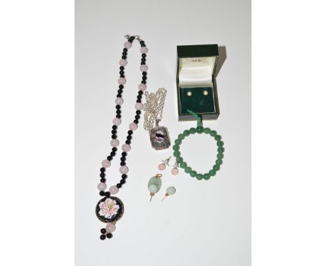 Jade and other stone items, including: a bracelet; pendant; earrings; necklace and a white metal pendant with blue-john mount