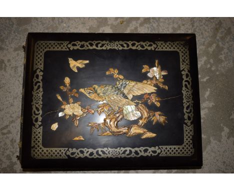 A 19th Century lacquered postcard album, decorated with ivory and mother-of-pearl birds and flowers, containing; a quantity o