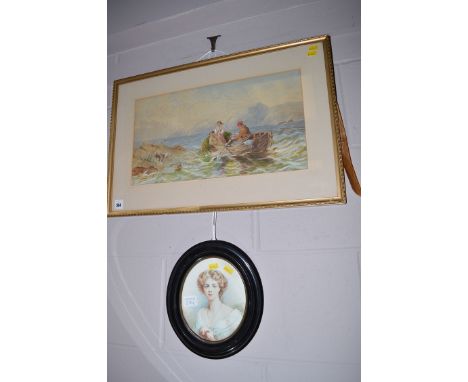 A Victorian watercolour - fishing boat with dogs on the shore; together with a watercolour portrait of a lady in white dress.