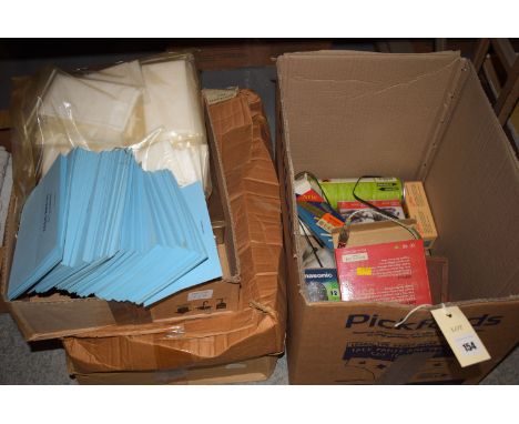 A quantity of fly mounting cards; boxes of packaging; a box containing light bulbs; and household sundries.
