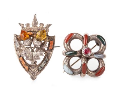 TWO SCOTTISH AGATE AND GEM SET BROOCHES, one in the form of a shield depicting two thistles, hallmarked Birmingham, the other