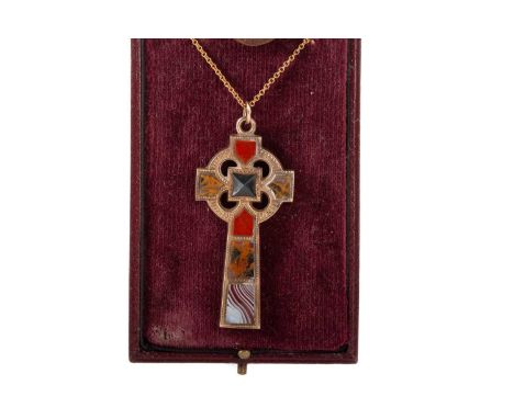 SCOTTISH AGATE IONA CROSS PENDANT, the reverse with engraved Celtic knot decoration, unmarked, on a nine carat gold chain60x3