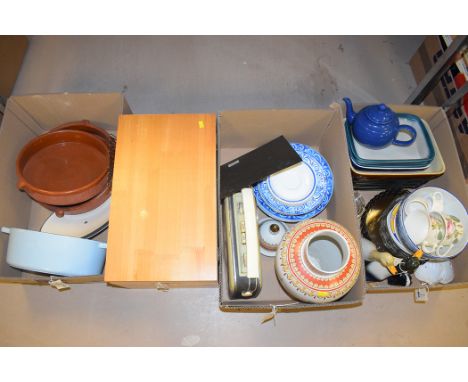 A blue and white ceramic part dinner service; ornaments; glassware; ceramics; old wireless; wooden box; and household sundrie