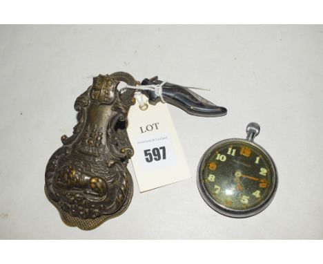 A late 19th Century ornate cast metal paper clip decorated sailing ship and recumbent lion with a shield over; miniature penk