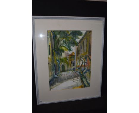 A watercolour, by Deciar M***s - Continental street scene with an angel statue in the foreground, indistinctly signed.