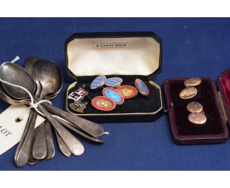 A pair of 9ct. gold cufflinks, 3.5grms; a pair of silver and coloured enamel cufflinks; six Edward VIII silver teaspoons, by 
