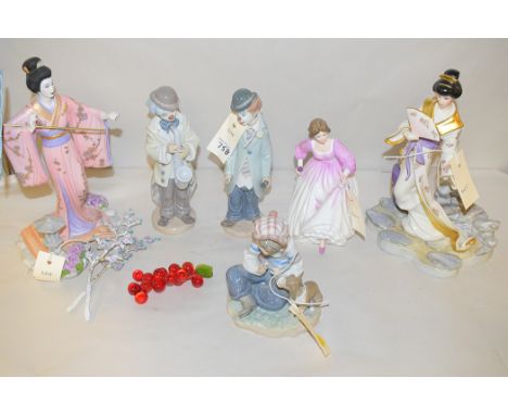 Three Lladro ceramic ornaments, comprising: seated boy with a dog; and two clowns; Royal Doulton figurine HN3420 "Ashley"; Ja
