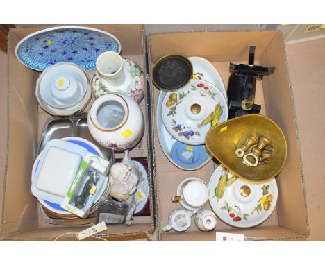 A collection of Royal Worcester oven to table ware; cast iron kitchen balance and weights; and sundry decorative ceramics, in