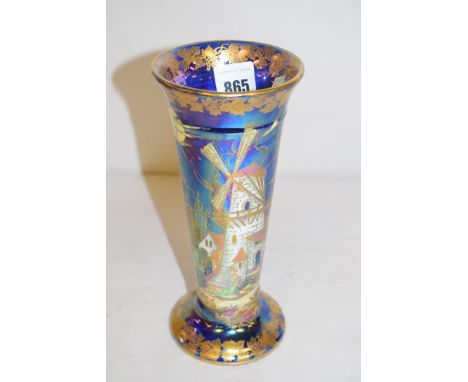 A Maling 'Windmill, Light-Blue, Gold Print' tapered lustre glaze vase, pattern no. 3930, 1929, 19.5cms.