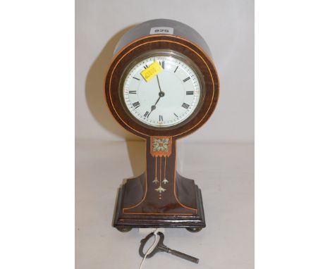An Edwardian inlaid mahogany banjo shaped mantel clock in the manner of Shapland & Petter, with enamel roman dial and mother-