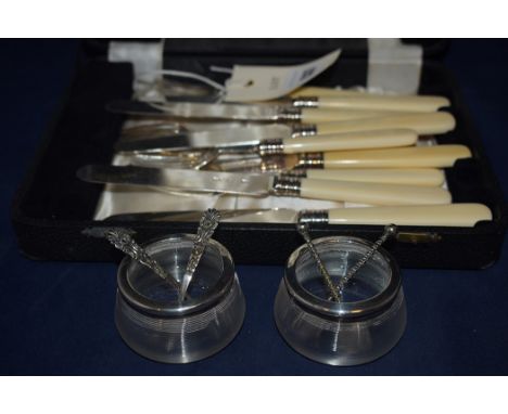 A set of six George V ivory handled silver knives and forks, by Harrison Bros. & Howson; together with two glass and silver m