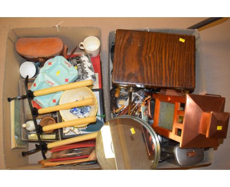 A large collection of household sundries including: candelabra, a candle lamp holder, cutlery box, cutlery, metalware, cerami