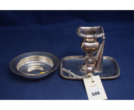 An Elizabeth II silver ashtray, by J.J.R., Birmingham 1979, 3.8oz; together with a copper plated candlestick and candle snuff
