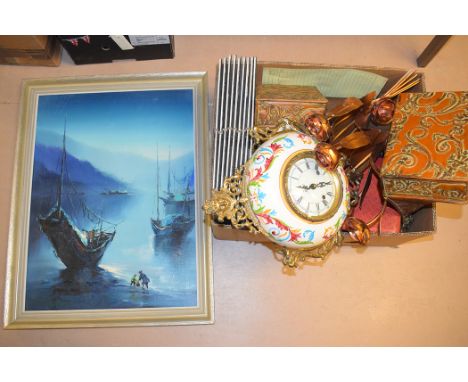 A pair of copper coloured metal wall brackets; a modern ceramic and metal wall clock; framed prints; and sundries.