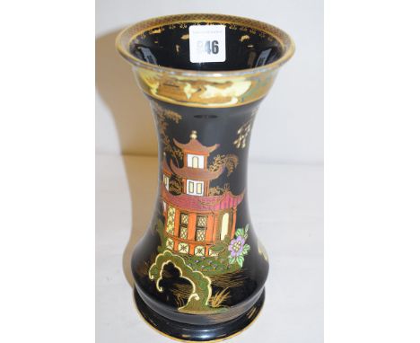 A Maling 'Chinese House, Black Ground Enamel' Bristol-shaped vase, 22cms.