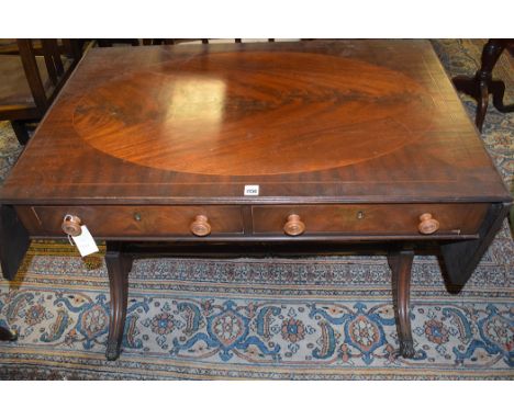 A reproduction inlaid mahogany sofa table, fitted two frieze drawers, 149cms wide.