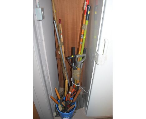 Garden and hand tools, to include: forks; shovels; shears; hammers; and other items.