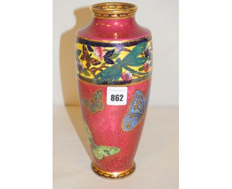 A Maling 'Dragonfly Border & Butterflies, Ruby Ground' vase, with gilding, pattern no. 5171, 1930, 24cms high.