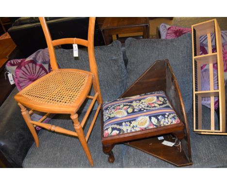 A 20th Century ash single dining chair with canework seat; a stained wood footstool with tapestry seat; a corner wall unit; a