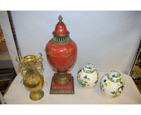 A Beneres brass vase with cobra style handles; a pair of Masons Ironstone Chartreuse pattern jars and covers; and a Modern Ch