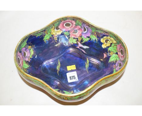 A Maling 'Anemone, Patch Ground' lustre glazed shaped bowl, pattern no. 6385, 1937, 23.5cms long.