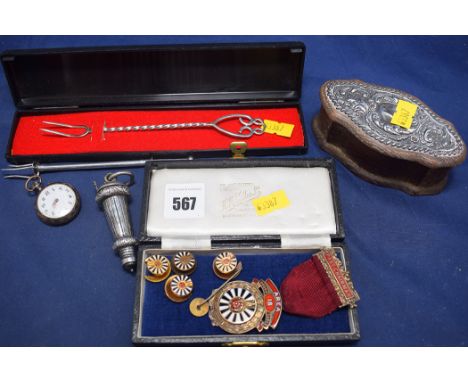 Miscellaneous items, to include: a past Chairman area 18 Round Table silver badge, awarded to A. Miles, 1958-59; a pickle for