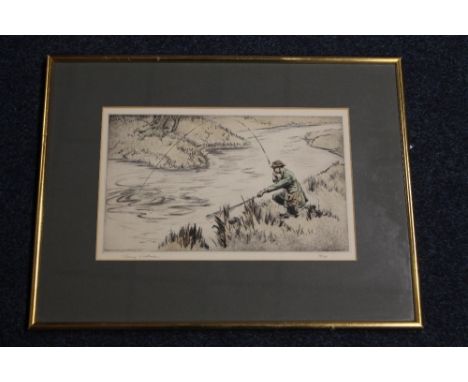 A HAND COLOURED ETCHING BY HENRY WILKINSON, TITLED 'FLYFISHING', framed and glazed, approx. 16 x 20 cmBuyers - for shipping p