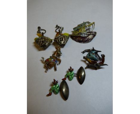PAIR OF SILVER AND ENAMEL PIXIE CUFFLINKS, VARIOUS SILVER AND CHROMIUM BACKED ENAMEL NOVELTY BROOCHES, GALLEONS AND BASKET OF