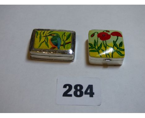 TWO ENAMEL AND SILVER 925 PILL BOXES KINGFISHER AND POPPY 