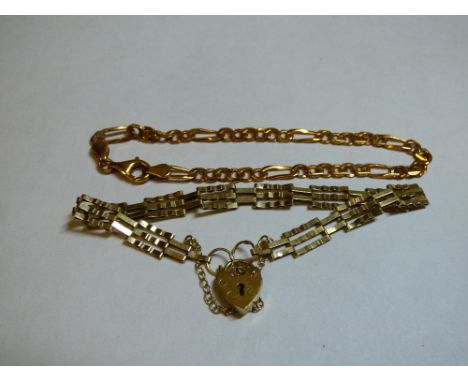9CT GOLD THREE BAR GATE BRACELET WITH HEART PADLOCK AND A ROSE GOLD FLAT CURB LINK BRACELET WITH LOBSTER CLAW CLASP 8.4G APPR