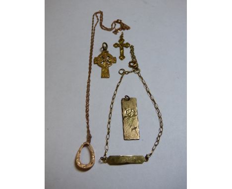 9CT GOLD ENGRAVED CROSS, ROLLED GOLD CELTIC CROSS, 9CT GOLD PENDANT, 9CT GOLD IDENTITY CHAIN AND A 9K HORSESHOE PENDANT