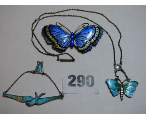 HM BIRMINGHAM SILVER BUTTERFLY AND ENAMEL BROOCH, SILVER AND ENAMEL SWALLOW PENDANT AND ONE OTHER ENAMEL BUTTERFLY PENDANT ON