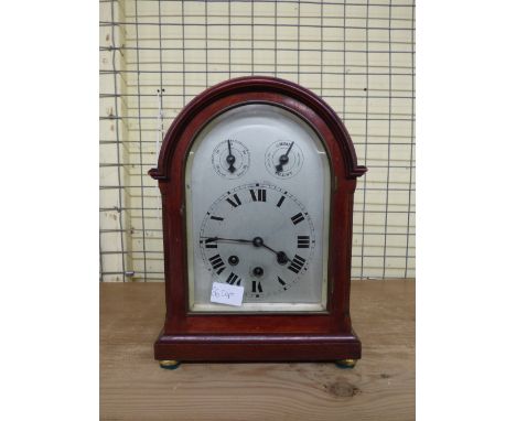 EDWARDIAN MAHOGANY ARCHED CASE MANTEL CLOCK WITH GERMAN MOVEMENT WITH TWO SUBSIDARY DIALS SERIAL NUMBER: 12277 WITH PENDULUM 