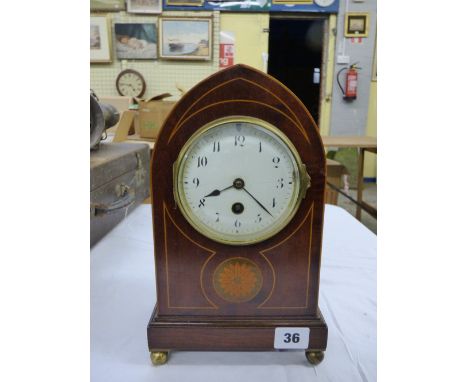 LATE 19TH CENTURY MAHOGANY INLAID LANCET MANTEL CLOCK WITH ENAMEL DIAL ,FRENCH MOVEMENT BY J.B AND E