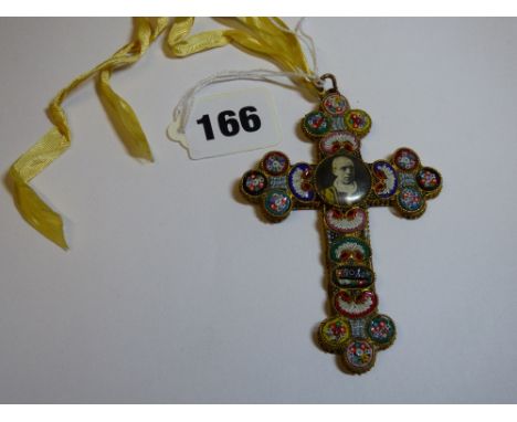  ITALIAN MICRO MOSAIC CROSS WITH POPE PORTRAIT
